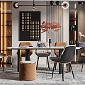 Modern Dining Table Set With Mixed Chairs Pendant Light And Decorative Cabinets 3d model