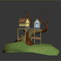 Whimsical Treehouse Scene With Wooden Staircase Elevated Platform Small Huts And Branch Supports