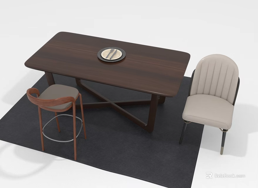 Dark Rectangular Dining Table Set With Circular Tray And Two Upholstered Chairs On Dark Rug 3d model 