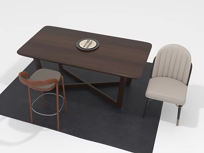 Dark Rectangular Dining Table Set With Circular Tray And Two Upholstered Chairs On Dark Rug 3d model