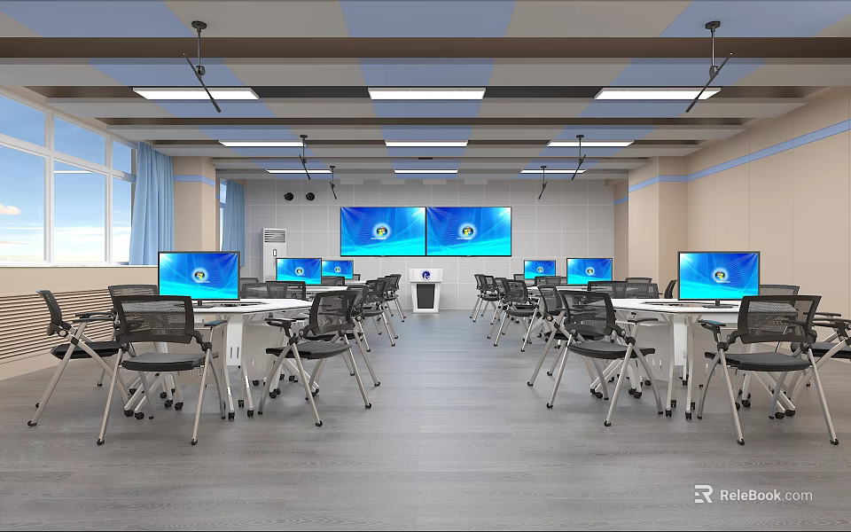 School Computer Classroom With Multiple Computers Large Screens And Modern Desks Chairs 3d model 