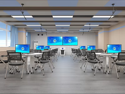 School Computer Classroom With Multiple Computers Large Screens And Modern Desks Chairs 3d model