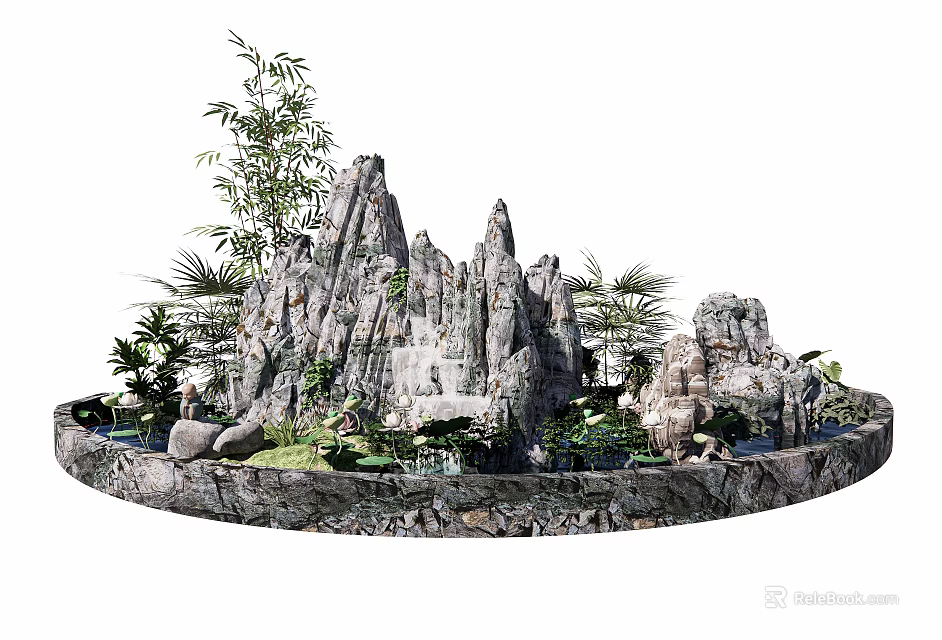 Courtyard Garden With Natural Rock Formations Bamboo Lush Greenery And Water Pond 3d model 