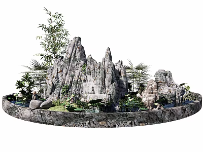 Courtyard Garden With Natural Rock Formations Bamboo Lush Greenery And Water Pond 3d model