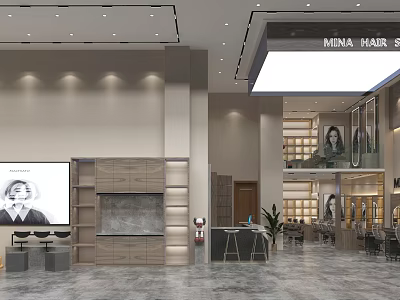 Modern Hair Salon Interior Design With Styling Stations Large Screen Mirrors Chairs And Plants 3d model