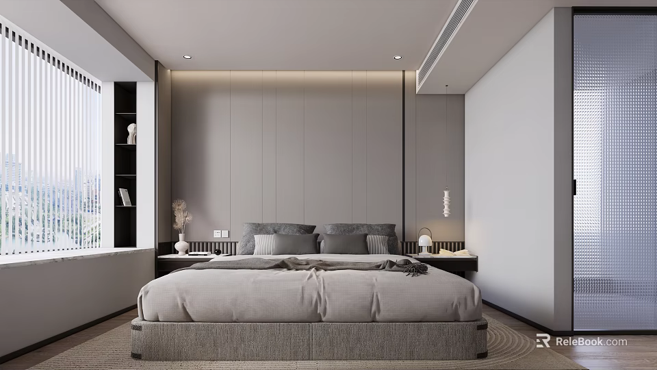 Modern Minimalist Bedroom Interior Design With Gray Paneled Headboard And Plush Bed With Pillows 3d model 
