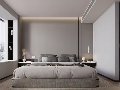 Modern Minimalist Bedroom Interior Design With Gray Paneled Headboard And Plush Bed With Pillows 3d model