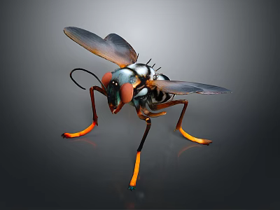 3D Rendered Fly Close Up Featuring Large Compound Eyes Transparent Wings And Orange Legs 3d model