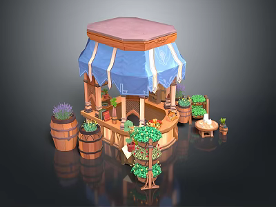 Cartoon Scene Small Booth with Blue Striped Awning Wooden Barrels and Potted Lavender Plants 3d model