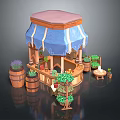 Cartoon Scene Small Booth with Blue Striped Awning Wooden Barrels and Potted Lavender Plants