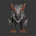 Mythical Creature Sculpture With Gray Fur Orange Flaming Horns In Standing Pose