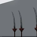 Four Decorative Curved Swords With Red Accents And Sharp Blades