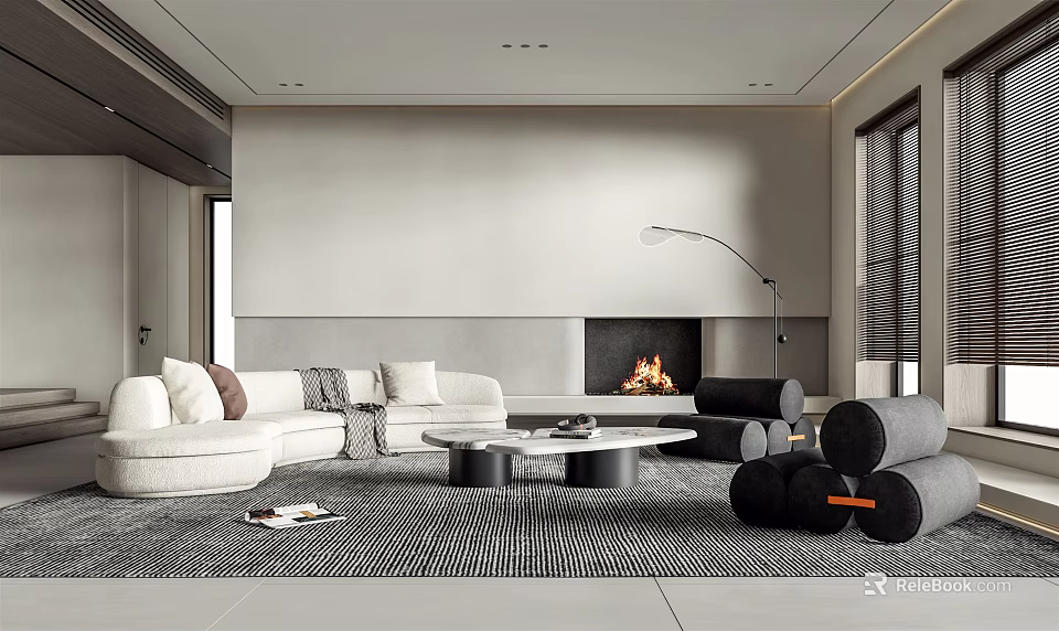 Modern Living Room Interior With White Curved Sofa Pillows Fireplace And Round Coffee Table 3d model 