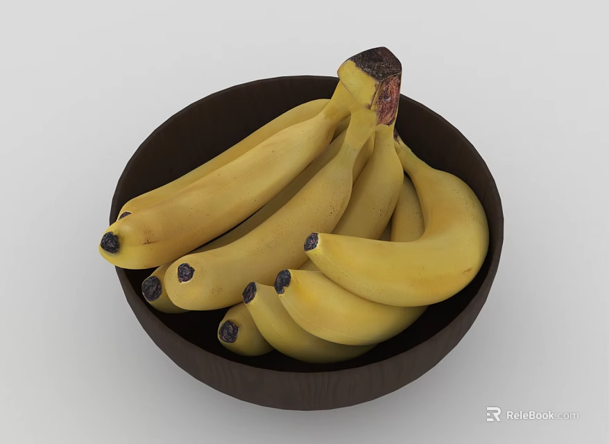 Fresh Ripe Yellow Bananas Arranged In Dark Wooden Bowl On White Background 3d model 