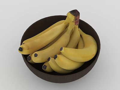 Fresh Ripe Yellow Bananas Arranged In Dark Wooden Bowl On White Background 3d model