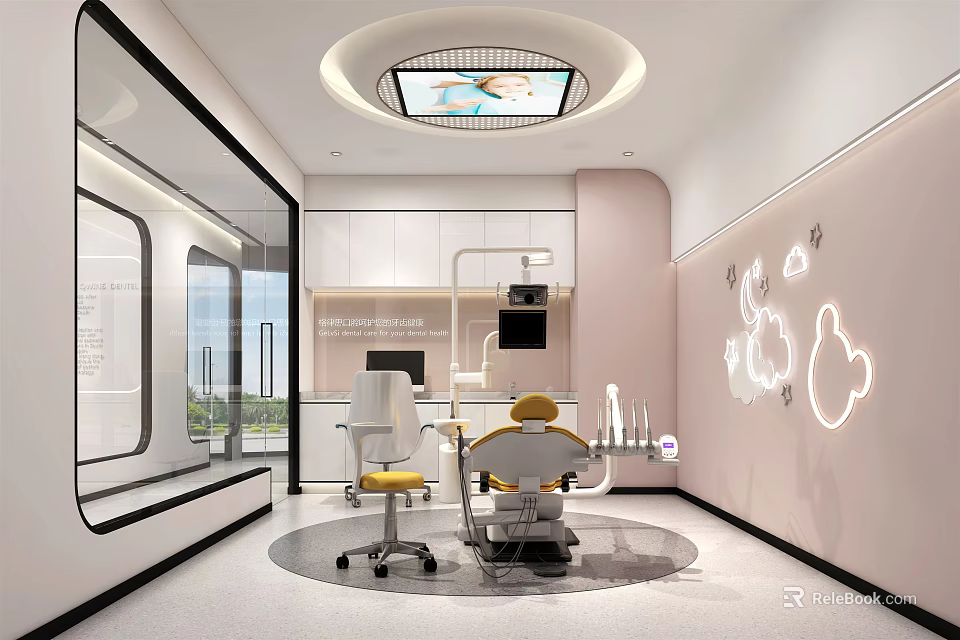 Modern Dental Clinic Interior Design With Treatment Chair Yellow Seats White Cabinets And Decorative Lights 3d model 