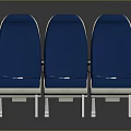 Three Blue Dining Chairs with Red Safety Straps White Base and Metal Legs