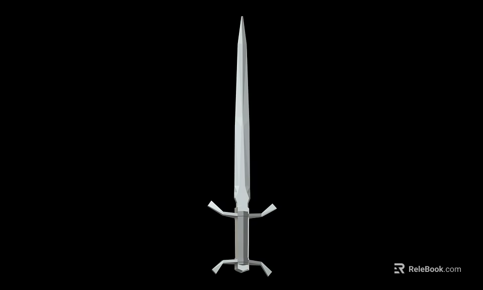 Silver Long Slender Blade Sword With Cross Shaped Hilt On Black Background 3d model