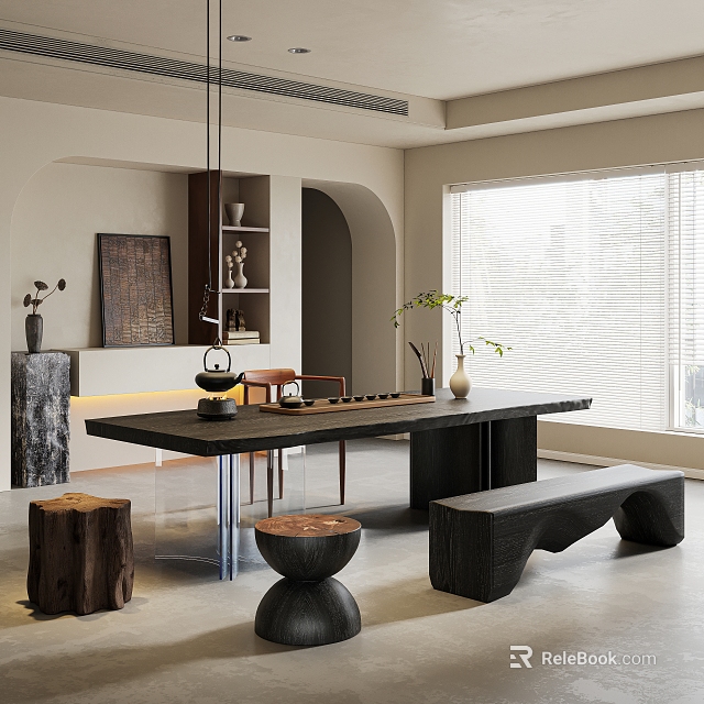 Modern Tea Room Interior With Tea Table Wooden Chairs Black Table Stools And Tea Set 3d model 