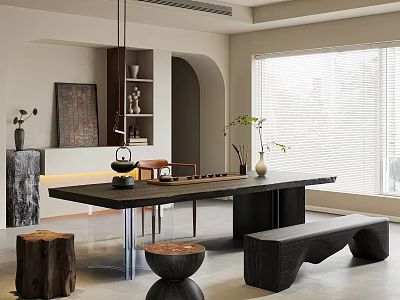 Modern Tea Room Interior With Tea Table Wooden Chairs Black Table Stools And Tea Set 3d model