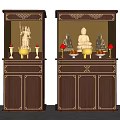 Dark Brown Wooden Buddhist Shrine Cabinet with Golden Decorations Carved Patterns Lighting and Buddha Statues