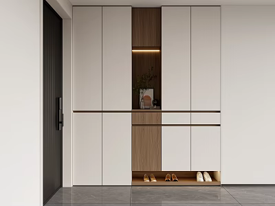 Modern Shoe Cabinet Interior Design With White Doors Wooden Panel LED Light And Shoe Rack 3d model