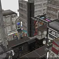 Cyberpunk Style Multi Level Buildings With Industrial Pipes Neon Signs And Mixed Material Roofs