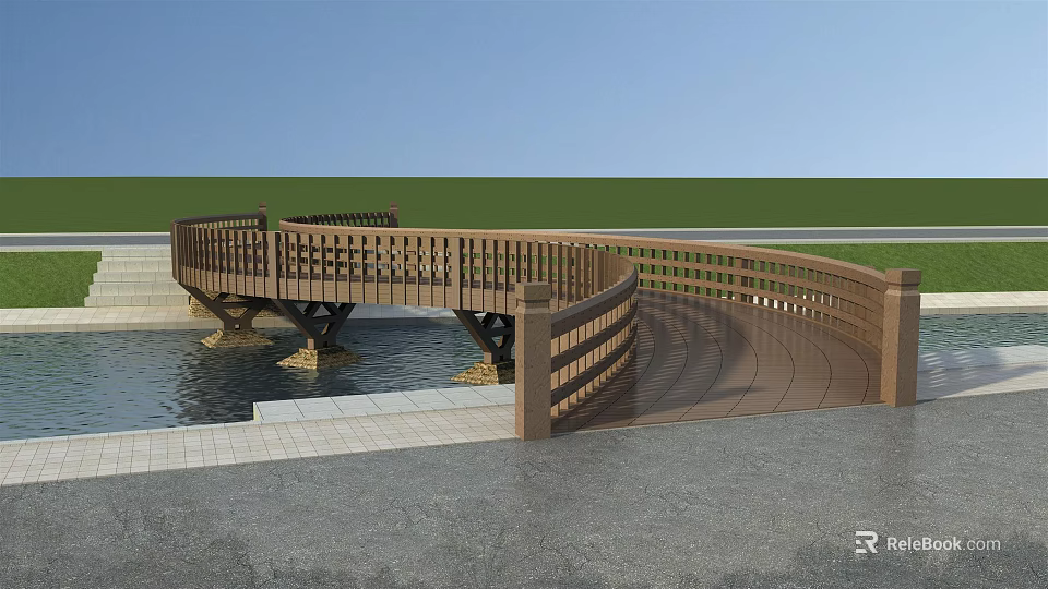 Curved Wooden Bridge With Lattice Railings And Wooden Deck Over Water And Green Grass 3d model 