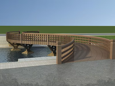 Curved Wooden Bridge With Lattice Railings And Wooden Deck Over Water And Green Grass 3d model