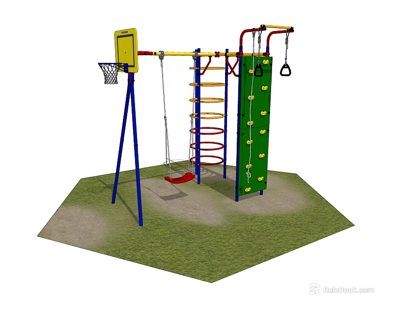 Outdoor Playground Equipment With Swings Climbing Wall And Basketball Hoop For Kids 3d model 