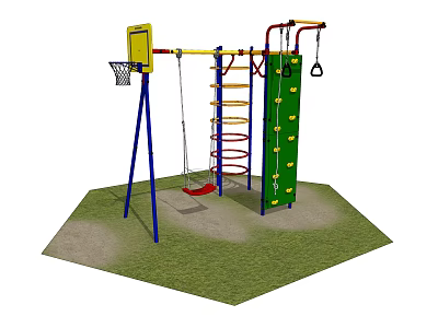 Outdoor Playground Equipment With Swings Climbing Wall And Basketball Hoop For Kids 3d model