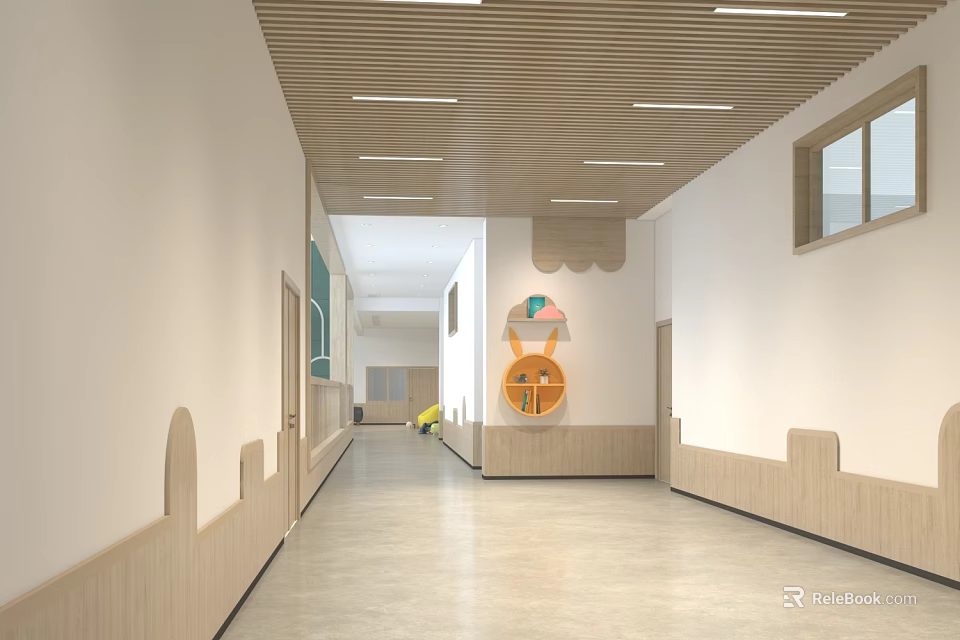 Modern Kindergarten Corridor With Wooden Accents And Playful Decor 3d model 