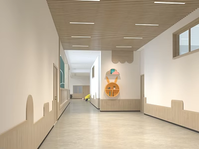 Modern Kindergarten Corridor With Wooden Accents And Playful Decor 3d model