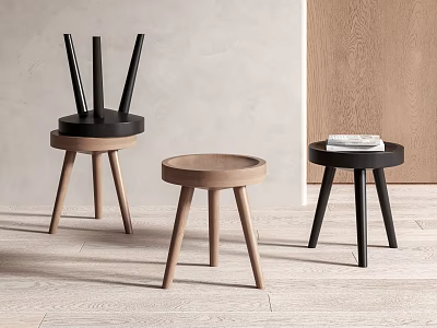 Three Modern Minimalist Wooden Stools With Black And Natural Wood Design For Home Interior 3d model
