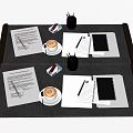 Organized Office Desk Setup With Two Coffee Cups Notebooks Pens And Folders