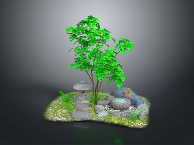 Green Leafy Plant With Stones Small Waterfall Moss And Pathway 3d model