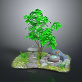 Green Leafy Plant With Stones Small Waterfall Moss And Pathway