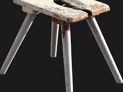 Rustic Worn Wooden Bar Stool With White Rusted Metal Legs And Aged Design 3d model
