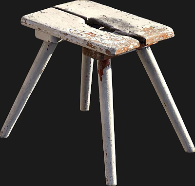 Rustic Worn Wooden Bar Stool With White Rusted Metal Legs And Aged Design 3d model