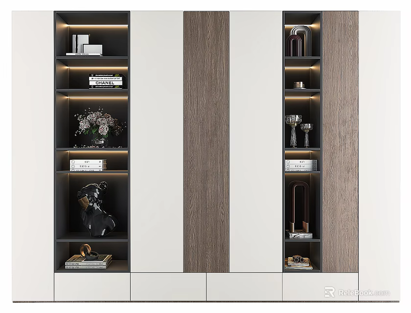 Modern Decorative Cabinet With Open Shelves LED Lights Books Vases And Sculptures 3d model 