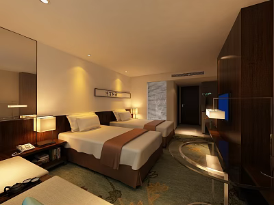 Hotel Room Interior With Two Beds Bedside Tables Lamps Mirror And TV 3d model