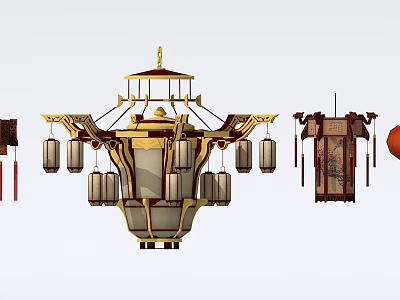 Various Traditional Chinese Decorative Lanterns With Golden Multi Layered Hanging Design Styles 3d model