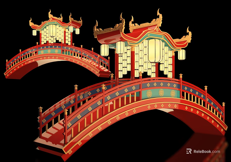 Traditional Chinese Red Arch Bridge Photo Spot With Golden Decorations Lanterns And Carved Railings 3d model 