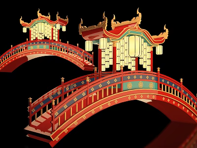 Traditional Chinese Red Arch Bridge Photo Spot With Golden Decorations Lanterns And Carved Railings 3d model