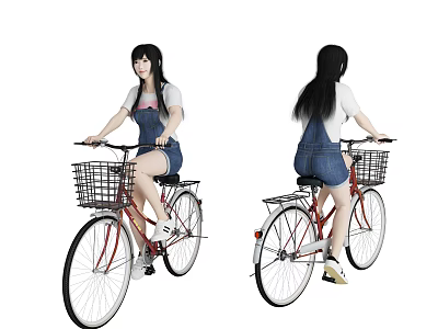 Woman Riding Red Bicycle With Front Basket In Denim Overalls And White Top 3d model