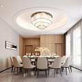 Elegant Private Dining Room With Round Table White Chairs Wooden Walls And Chandelier