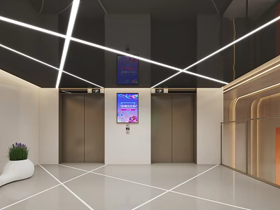 Modern Elevator Lobby Interior With Cross Linear Lighting Digital Screen Polished Flooring And Green Plant 3d model