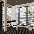 Modern Dressing Table with Mirror by Window White Curtains Blinds Stool Potted Plant Checkered Rug