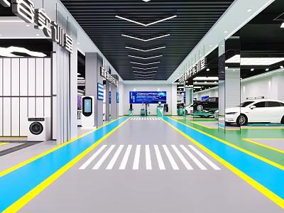 Professional 4S Car Store Spacious Bright Workshop Design With Complete Auto Maintenance Equipment And Display Vehicles 3d model