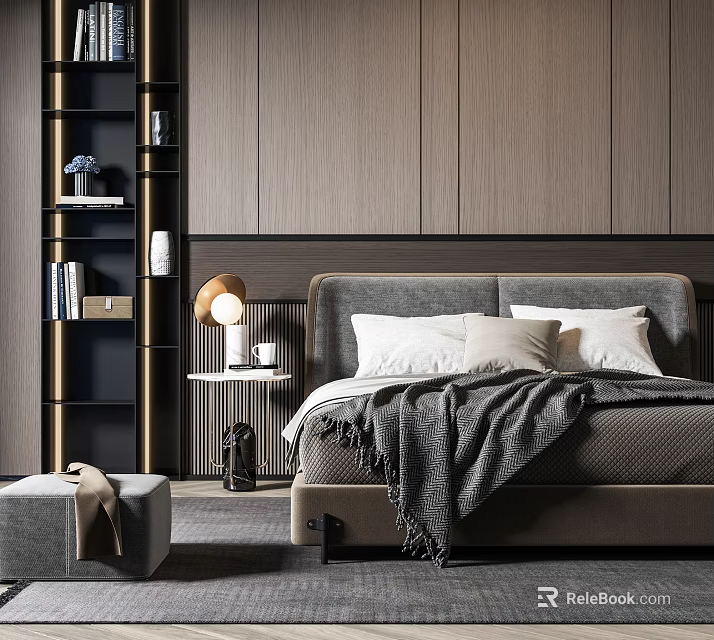 Modern Bedroom Interior With Double Bed Headboard Pillows Blanket Nightstand Lamp And Wooden Wall Paneling 3d model 